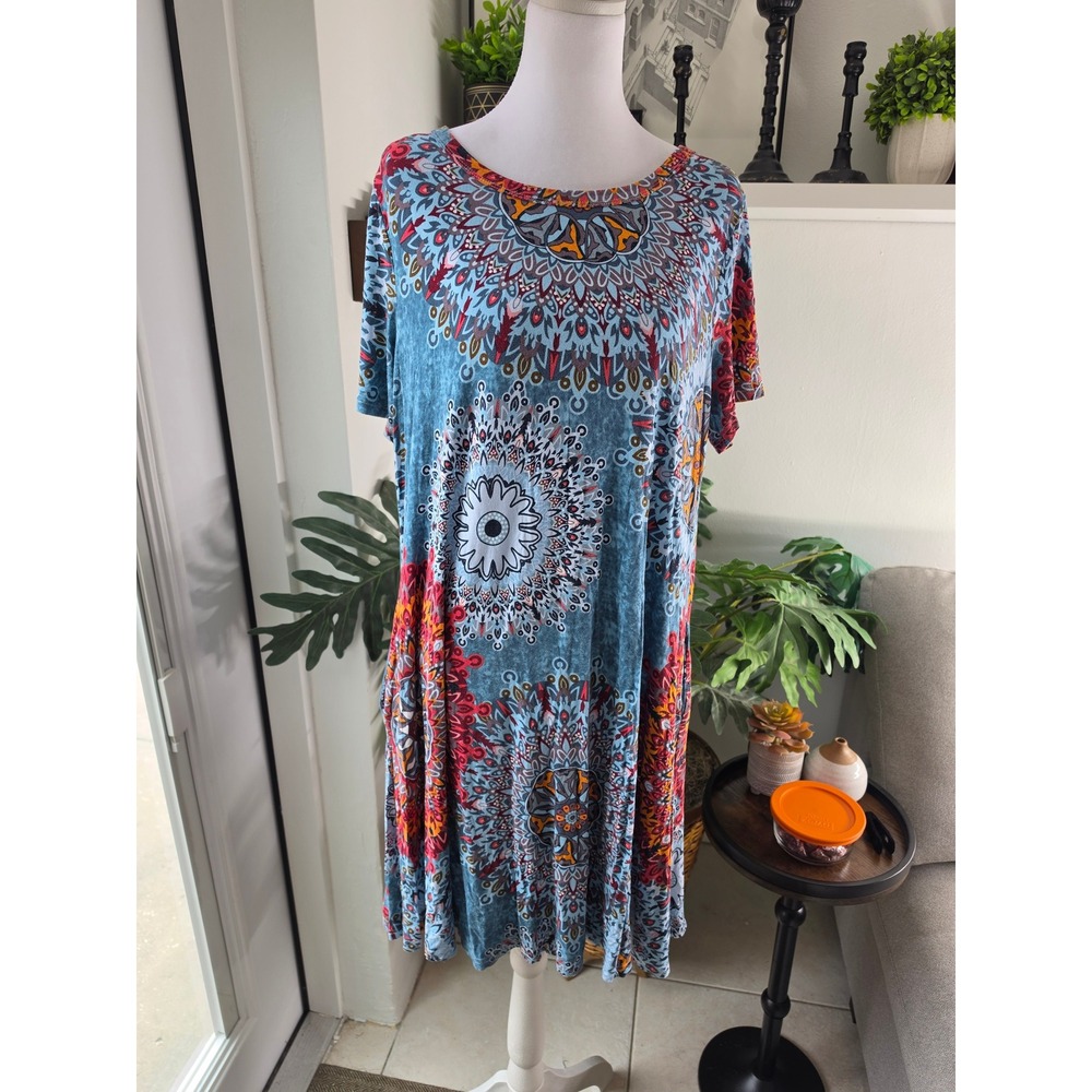 KORSIS Womens 2XL Mandala Print Short Sleeve T-Shirt Dress Blue Orange Boho